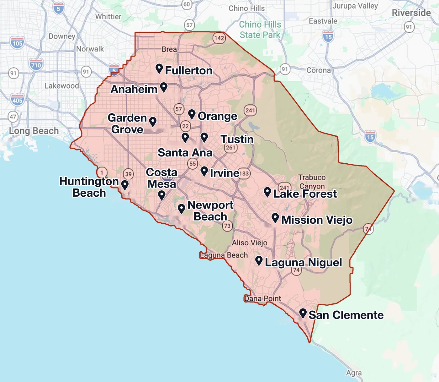 OC Dumpsters service area map of Orange County, CA